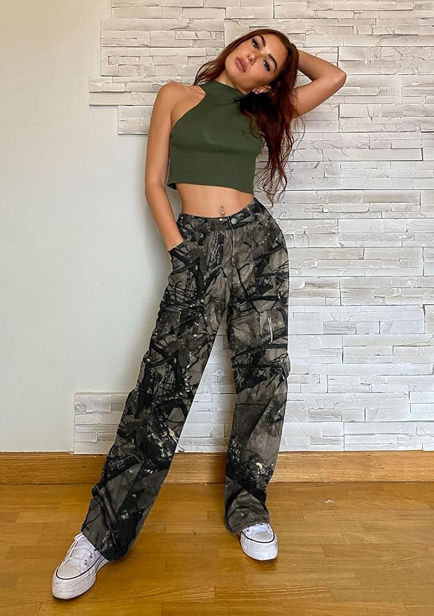 IVIR Cargo Pants Women High Waist Wide Leg Casual Pants with 7 Pockets Stretchy Drawstring Baggy Y2K Trousers