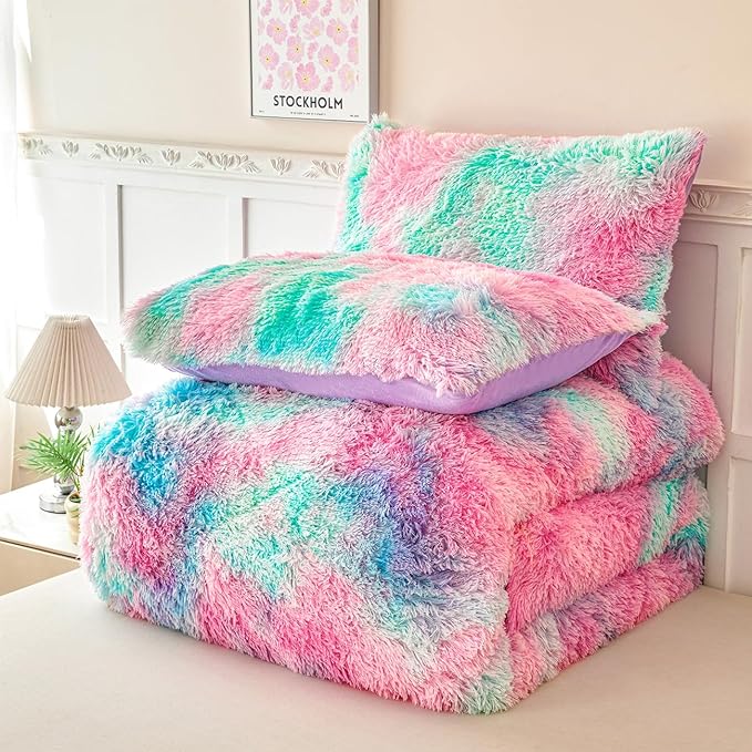PERFEMET Pink Blue Fluffy Comforter for Girls Twin Size 3-Piece Ultra Soft Tie-Dyed Faux Fur Plush Bedding Comforter Sets Warm Cozy Tie Dyed Velvet Fuzzy Furry Bed Set for Kids Teens(Pink Blue, Twin)