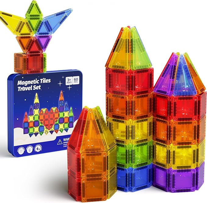 Mini Magnetic Tiles Travel Kit for Kids Ages 3-8, 60pcs Portable Magnetic Building Blocks with Visual Storage Guide & Metal Play Base, STEM Sensory Toys for Preschool Learning