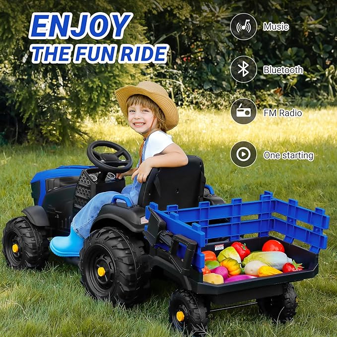 ELEMARA 24V 9AH Ride on Tractor with Easy Detachable Trailer, 24V Ride on Toys for Big Kids, 400W Electric Vehicles Ride On Tractor Car with Shovel, All-Terrain Capability, for Ages 3+, Music, Blue