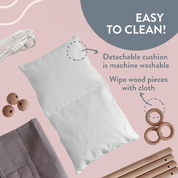 Monkey & Mouse Baby Swing, Grey White Indoor Outdoor Portable Hanging Chair - Infant & Toddler Kids 6 Months - 4 Years, Cotton Canvas & Beech Wood Frame, Sensory Hammock Boy & Girl Seat w/Wooden Toys