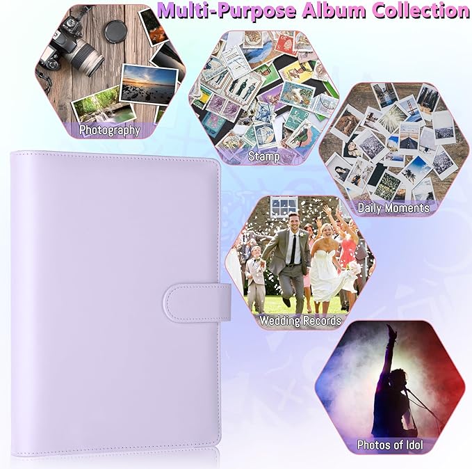 Antner A5 Kpop Photocard Binder 6-Ring Card Collector Album with 40 Pack Card Sleeves, PU Leather Photocard Holder Book with Multi-Size Photo Protectors for Organizing Trading Cards, Purple A5 Binder