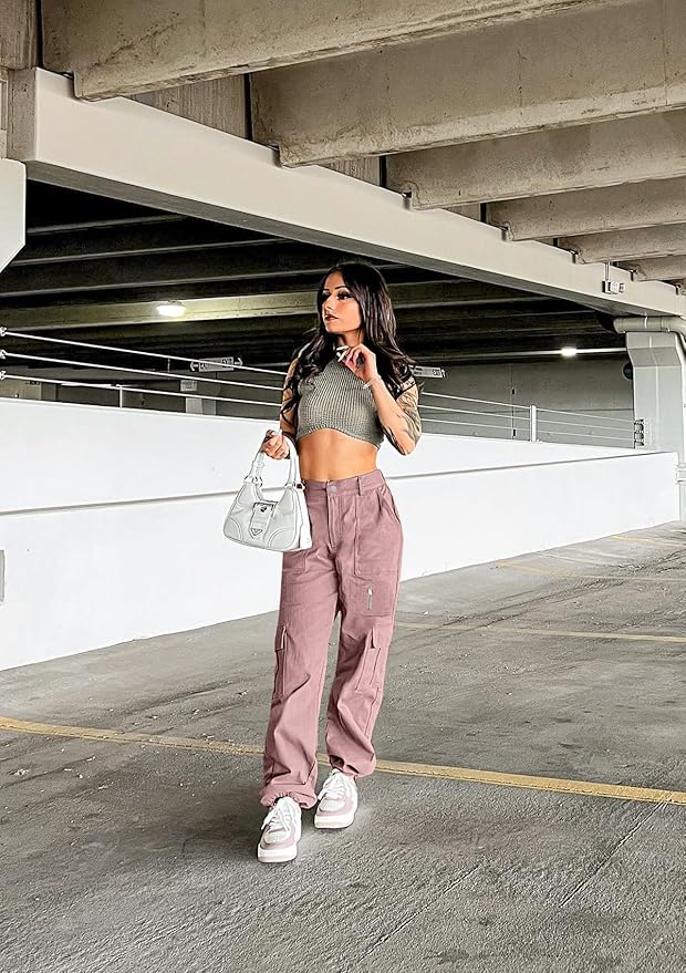 IVIR Cargo Pants Women High Waist Wide Leg Casual Pants with 7 Pockets Stretchy Drawstring Baggy Y2K Trousers