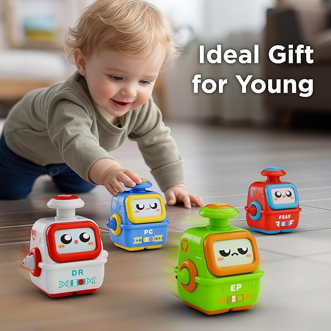 iPlay, iLearn Press to Go Robot Car Toys for Toddlers 1-3, Baby Push Go Friction Race Cars for 12 18 24 Month, 4pcs Infant Play Bot Vehicle Set, 1st Birthday Gifts for 1 2 3 Year Old Boys Girls Child