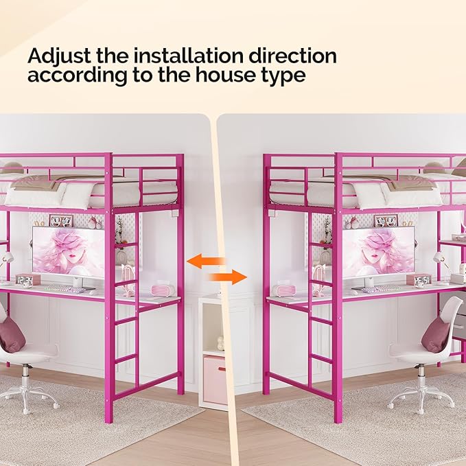 VINGLI Twin Metal Loft Bed with 15 Inches Safety Guardrail,Non-Slip Ladder,2 Charging Stations,L-Shaped Desk/Storage Shelves/4 Drawers,LED Lights,for Kids Teens Adulits, No Box Spring Needed,Pink