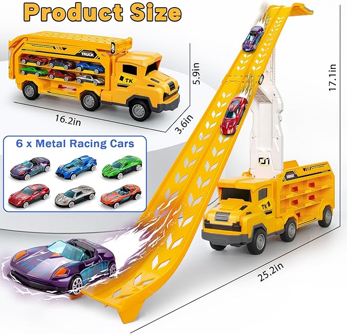 Kids Toys for 3 4 5 6 7 8 Years Old Boys, Carrier Truck Transport Car Toys, Foldable 2 Layer Car Race Track Playset with 25-in Race Track, 6 Metal Toy Cars, Birthday Toy Gift for Toddler-Yellow