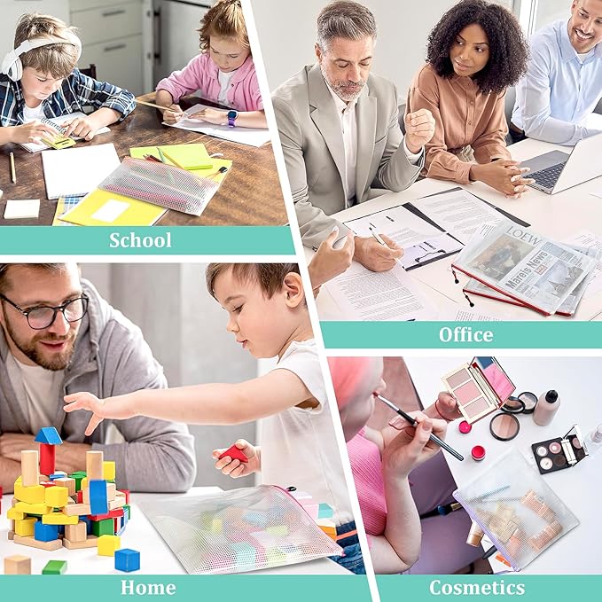 Mesh 32pcs Zipper Pouch Bags - A3 Size, 8 Color Mesh Zipper Pouches for Organizing, Board Game, Travel, School & Office