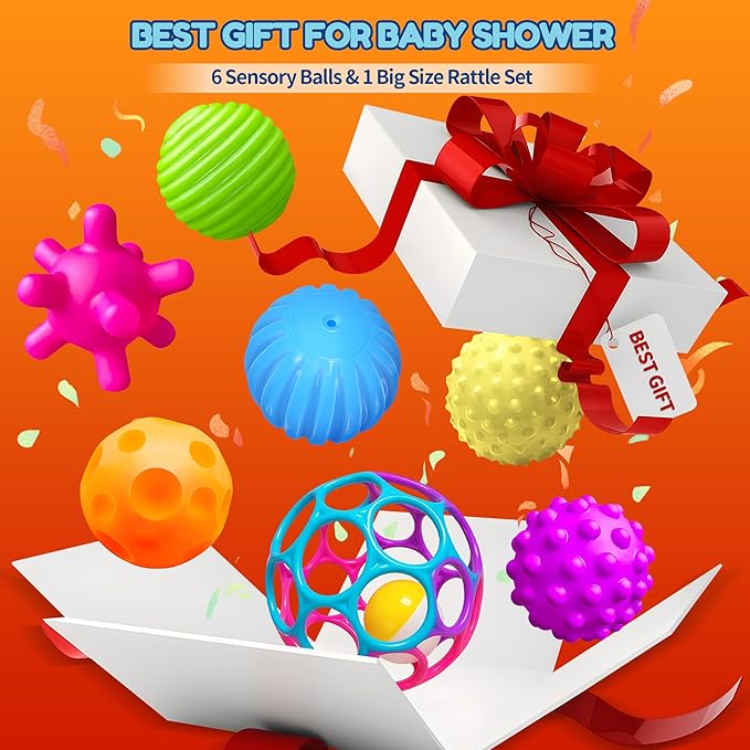 Sensory Balls for Toddlers 1-3, Sensory Baby Toys 6-12 Months, Infant Squeeze Sensory Toys,Baby Rattle Ball, Baby Teething Sensory Montessori Toys Soft Chew Toy with Rattles for Babies