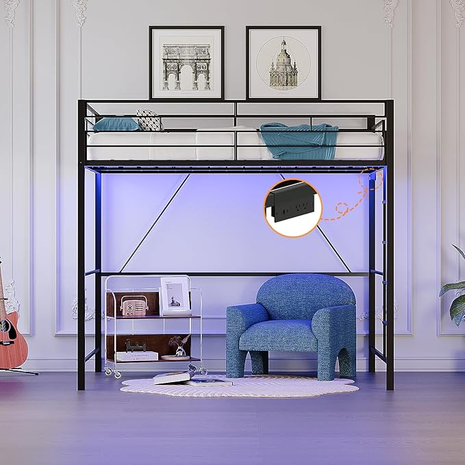 VINGLI Full Size Loft Bed with LED Lights and Charging Station, Heavy Duty Metal Double High Sleeper with 15 Inches Safety Guardrail and Flat Ladder for Teens Adults, Space Saving Design, Black