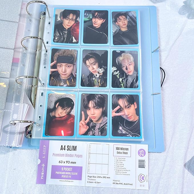 Meowcafe K-KEEP A4 Slim 9 Pocket Premium Single Sided Kpop Photocard Binder Pages, 63x93mm Pocket Size, 11 Holes, 100 Micron, Generic Fit 3 Ring Office Binder and 4 Ring Binder, 50 Pages Set