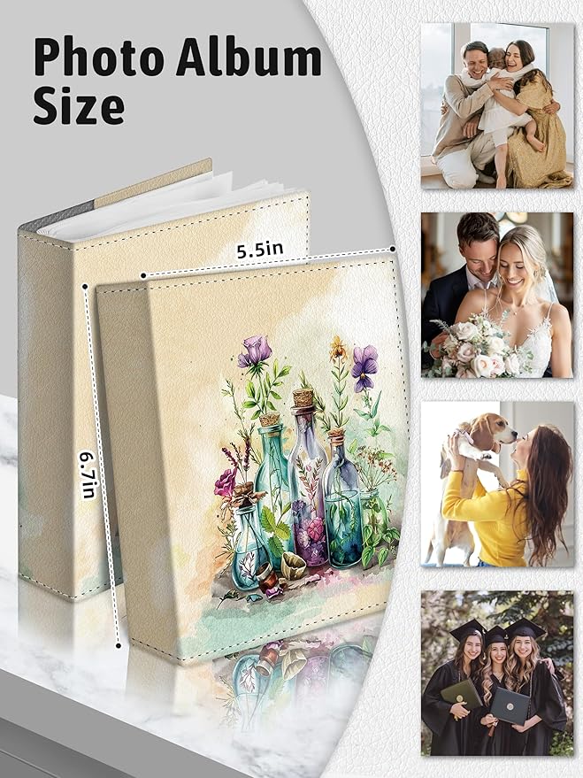 Photo Album 4x6, 56 Pockets Small Picture Book Bottle Flowers Floral, Personalized Large Capacity Mini PU Leather Picture Album Gift for Family Graduation Wedding Travel