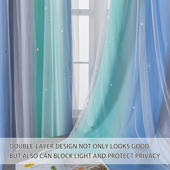 XiDi Blue Green Grey Blackout Curtains for Girls Bedroom 54 Inch Length 2 Panels Rainbow Kids Grommet Window Drapes for Nursery Living Room Decro Princess Unicorn Wall Decals 34 Inches Wide