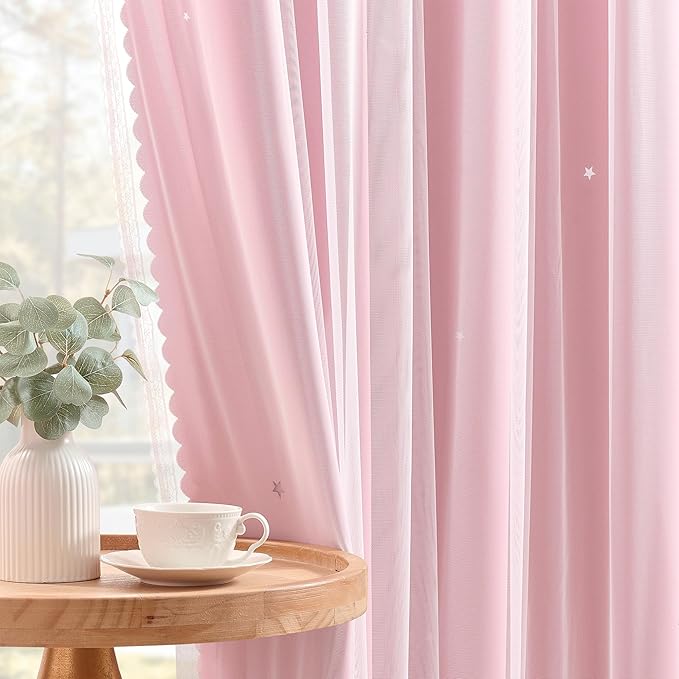XiDi Blackout Light Pink Curtains Star with Sheer Overlay for Girls Bedroom Living Room 84 Inches Long 2 Panels Nursery Kids Princess Room Darkening Drapes Grommet Window Curtains Baby Pink 34x84