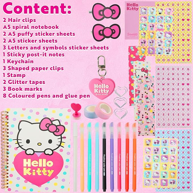 Hello Kitty DIY Journal Kit for Girls Teens Kawaii A5 Spiral Notebook Hair Clips Keychain Bookmark Stickers Cute Stuff Anime Gifts for Girls
