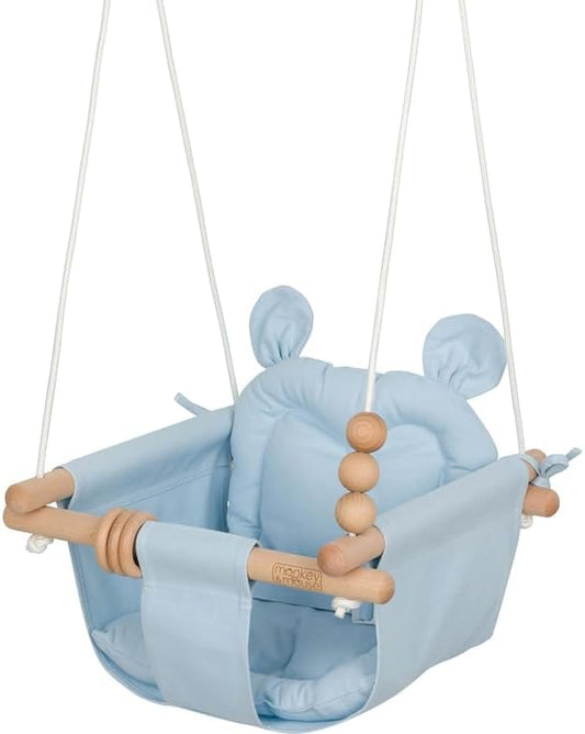Monkey & Mouse Baby Swing, Pale Blue Indoor Outdoor Portable Hanging Chair - Infant & Toddler Kids 6 Months - 4 Years, Cotton Canvas & Beech Wood Frame, Sensory Hammock Boy & Girl Seat w/Wooden Toys