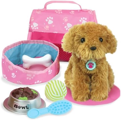 Sophia's Golden Plush Puppy Dog and Accessories Set with Leash, Food Bowl, Brush, Ball, Bone, Bed, Blanket, and Carrier Sized for 18" Dolls, Multicolor