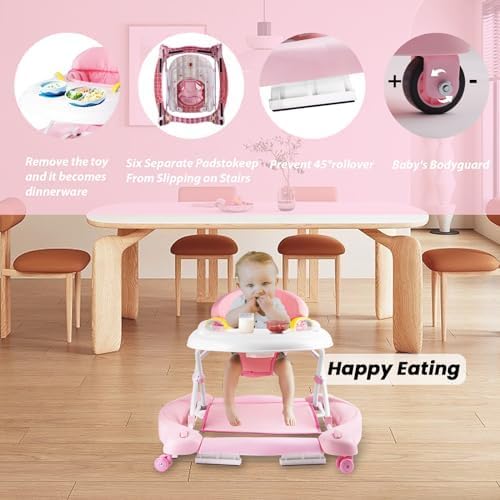 5-in-1 Baby Walker, Baby Walkers for Boys Girls 6-12 Months, Foldable Activity Walker, Toddler Infant Walker with Bouncer, Adjustable Height, Removable Footrest, Feeding Tray, Music