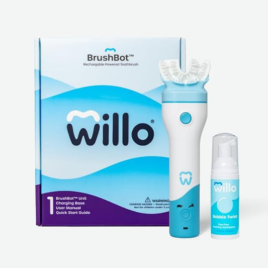 Willo BrushBot Kids U-Shaped Toothbrush Starter Kit - Dye & Fluoride Free, Smart Electric Toothbrush for Kids, App Connectivity, Soft Bristles, Rechargeable, Plaque Removal | Small Bubble Twist