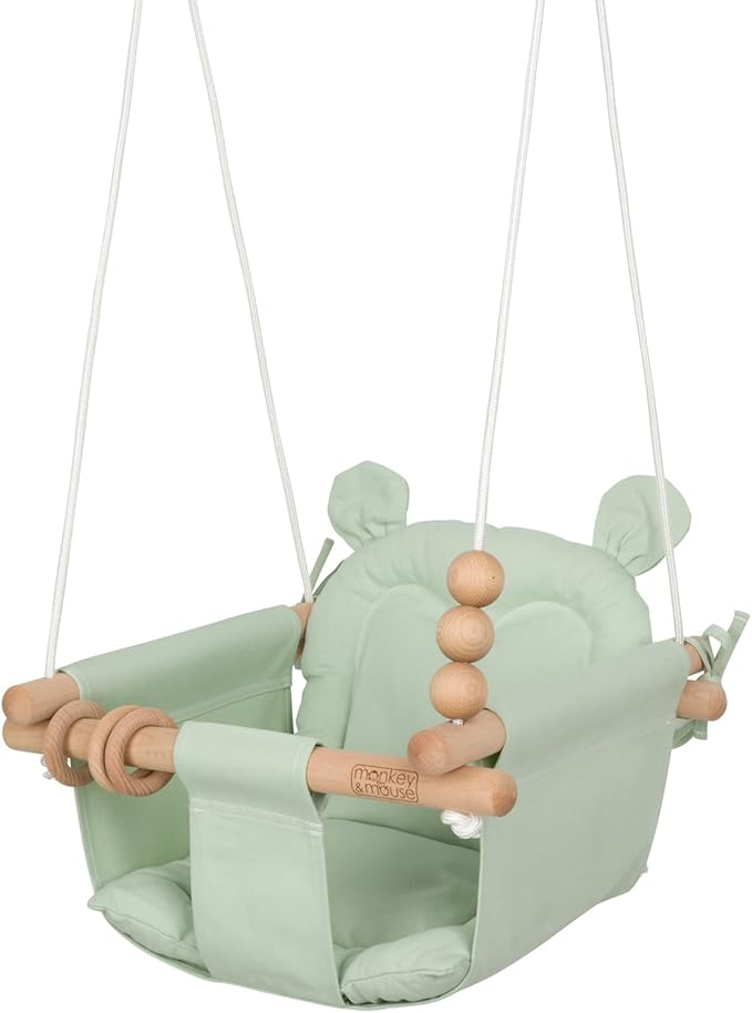 Monkey & Mouse Baby Swing, Pale Green Indoor Outdoor Portable Hanging Chair - Infant & Toddler Kids 6 Months - 4 Years, Cotton Canvas & Beech Wood Frame, Sensory Hammock Boy & Girl Seat w/Wooden Toys