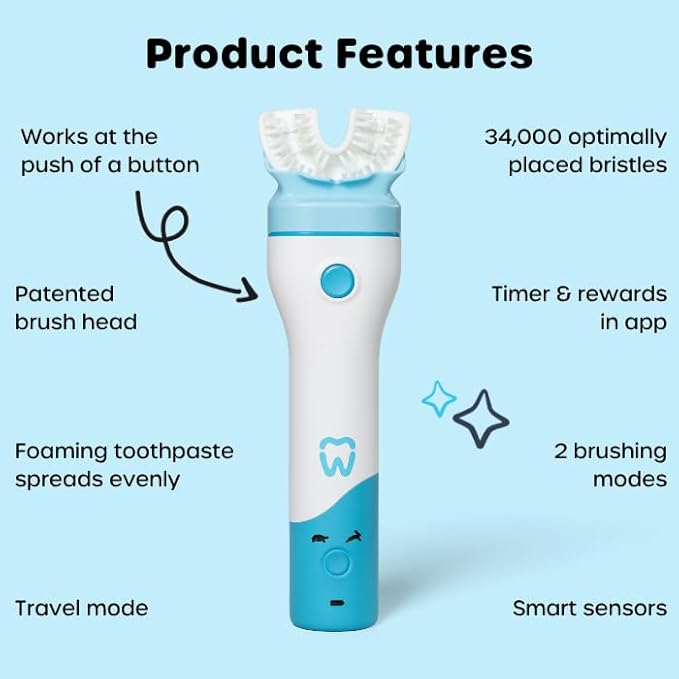 Willo BrushBot Kids U-Shaped Toothbrush Starter Kit - Dye & Fluoride Free, Smart Electric Toothbrush for Kids, App Connectivity, Soft Bristles, Rechargeable, Plaque Removal | Small Bubble Twist