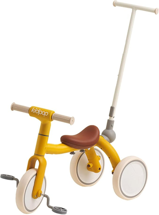 4-in-1 Toddler Tricycle with Adjustable Push Handle for 1-4 Year Old,Birthday Gift and Toy for Boys and Girls Removable Pedals Balance Bike&Scooter (Yellow)