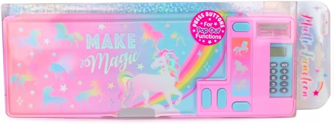 Hot Focus Unicorn Pencil Case – Multifunction Mechanical Pencil Box for Girls, 2 Compartments w/Pop-Out Calculator & Sharpener, Stationery Set, Perfect Stationery Gift for Kids & Teens (Unicorn)
