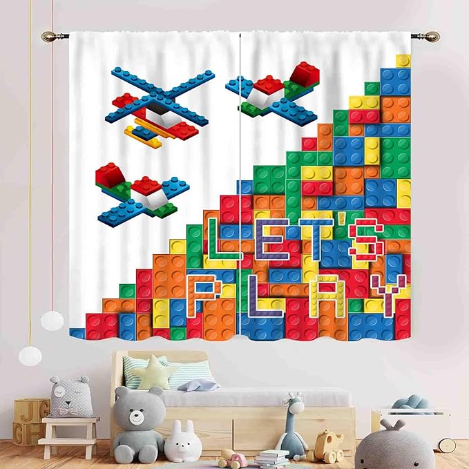 Building Blocks Curtains for Boys Room, Abstract Colorful Plastic Building Brick Blocks Geometric Helicopter Aircraft Pattern Window Drapes for Baby Bedroom Living Room, 42"x45" Inch