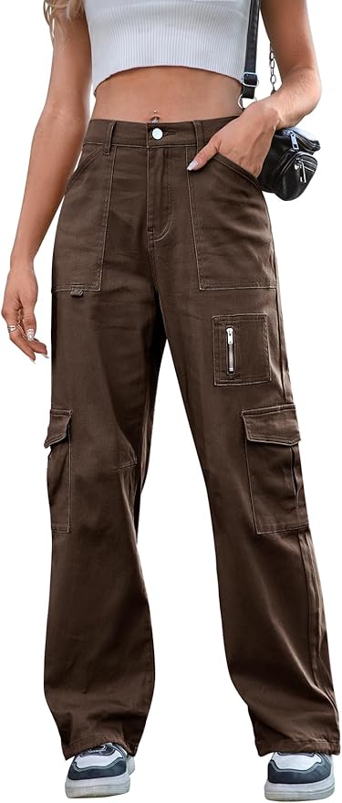 IVIR Cargo Pants Women High Waist Wide Leg Casual Pants with 7 Pockets Stretchy Drawstring Baggy Y2K Trousers