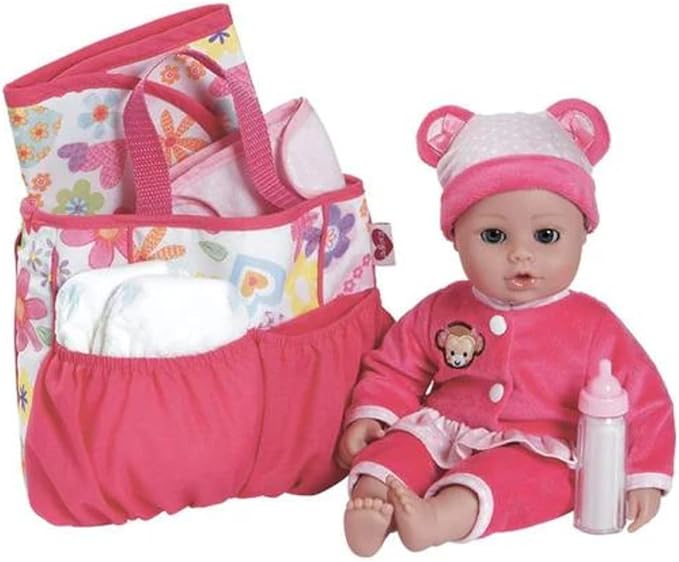 ADORA Baby Doll Diaper Bag with Sturdy Straps, Includes Changing Mat and 2 Doll Diapers (Fits 13" Dolls), Birthday Gift for Ages 3+ - Pink Flower Power