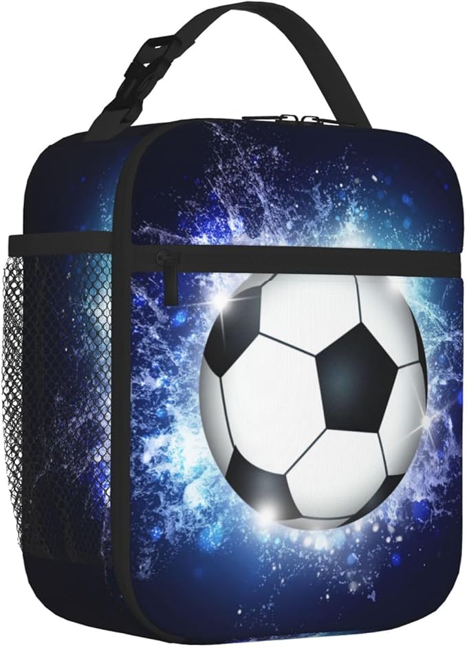 Sports Lunch Box with Soccer Pattern Print, Blue Insulated Lunch Bag for Kids Teens Boys Girls, Reusable Lunch Bag Ice Packs Containers Tote Handbag with Water Bottle Holder and Handle