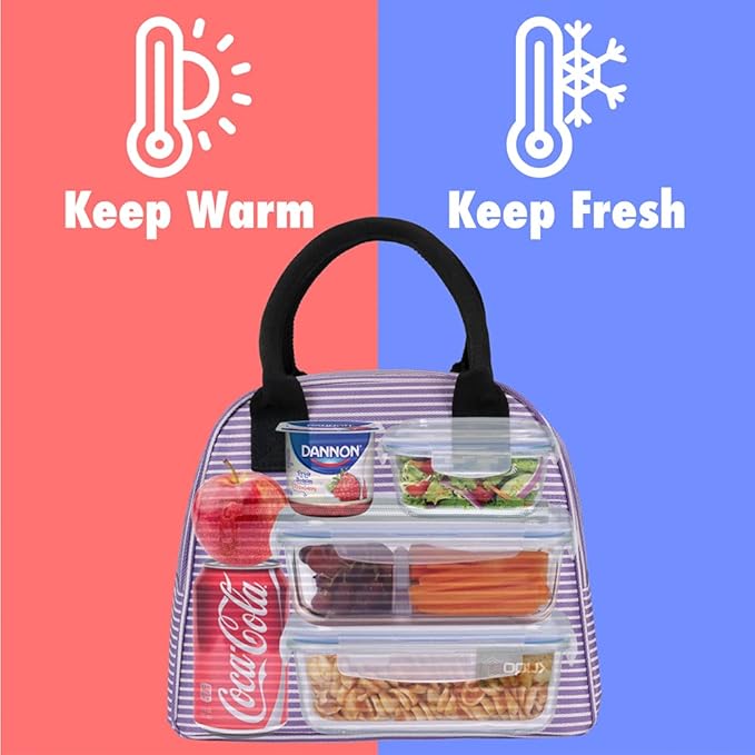 opux Lunch Box for Women, Insulated Lunch Bag Tote for Girls Kids Teen Adult, Cute Soft Cooler Container Work School, Reusable Thermal Food Meal Prep Organizer Pail Travel Beach, Purple Stripes