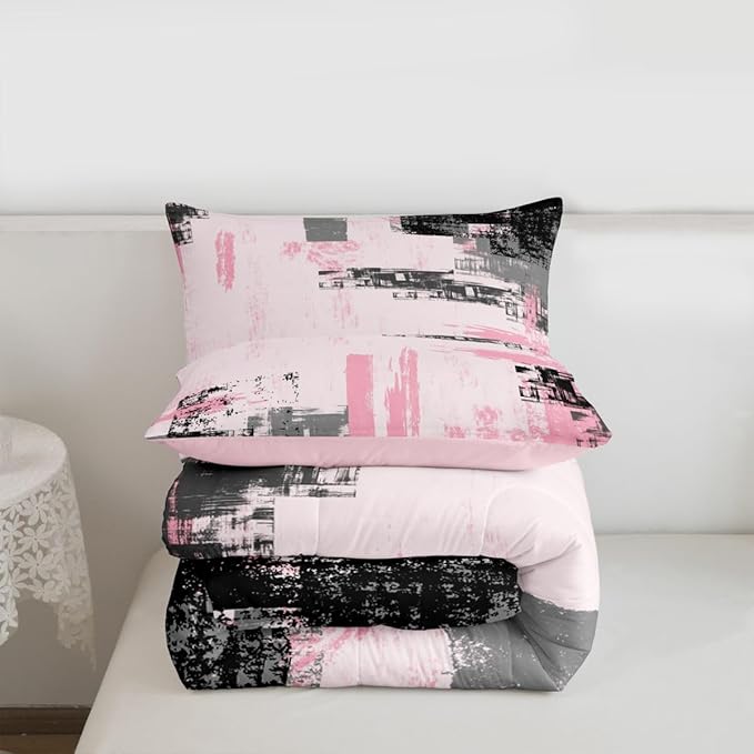 Feelyou Abstract Bedding Set Kids Modern Abstract Art Comforter Set Pink Black Comforter for Boys Room Decor Lightweight Retro Duvet Set Twin Size with 1 Pillow Case