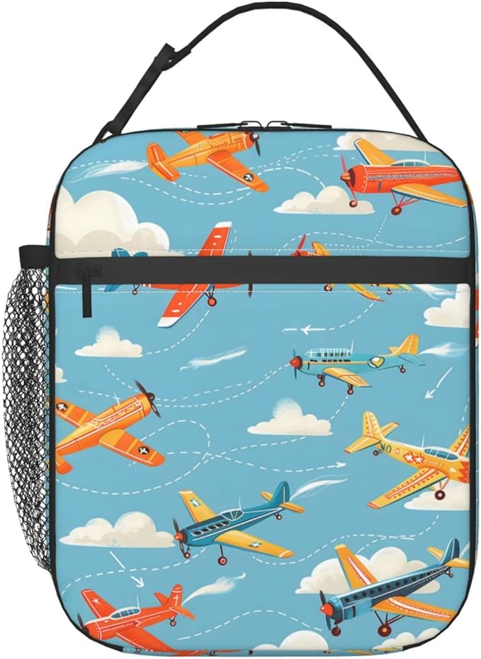 Reusable Vintage Airplane Lunch Box for Kids Girls Boys Women Adult, Insulated Retro Aircraft Blue Lunch Bag,Polyester Cooler Handbags Case for School Picnic Work Travel Beach or Hiking