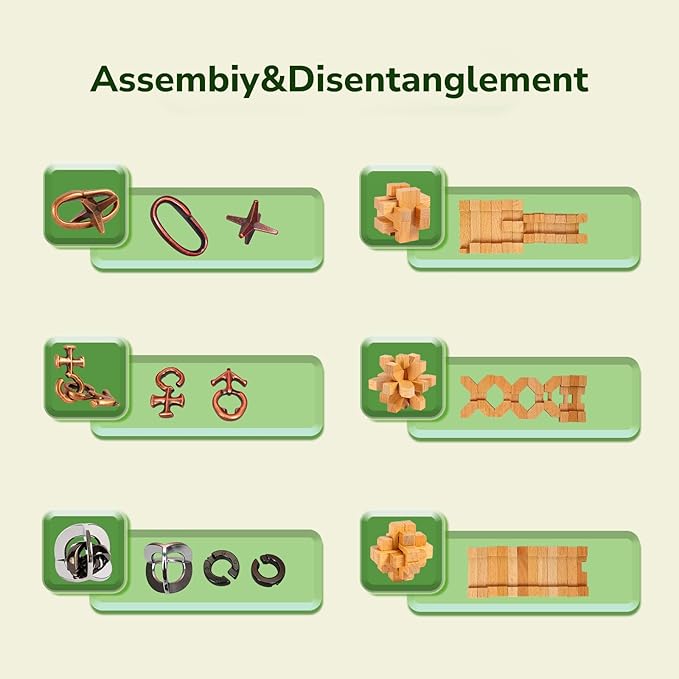 Brain Teaser Puzzle Wooden and Metal 6PCS 3D Unlock Interlocking Puzzle for Kids Adults Educational Toy