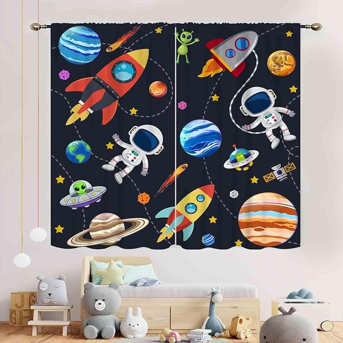 Kids Space Curtains for Boys Room, Cartoon Universe Galaxy Space Planet Astronaut Anime Boys Kids Girls Window Drapery Treatments for Bedroom Living Room Nursery 2 Panels, 42"x54" Inch