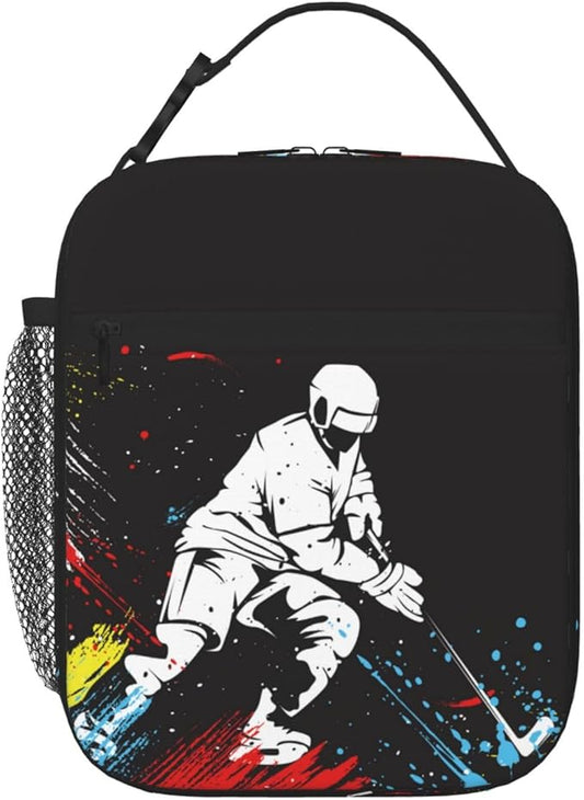 Sports Lunch Bag for Boys Hockey Insulated Lunch Box with a Ice Hockey Player Pattern Print, Black Cooler Thermal Lunch Bag Tote Handbag with Water Bottle Holder for Kids Teens Adults