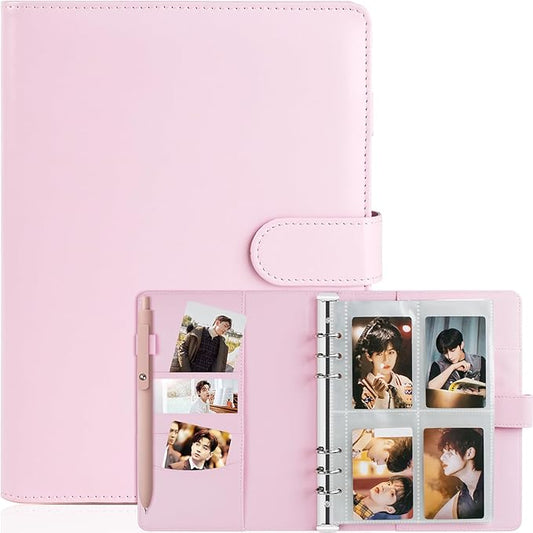 A5 Kpop Photocard Binder, 6 Ring Binder Album with 200 Card Slots, Leather Binder Cover with Magnetic Buckle Closure for Organizing Trading Cards(Pink)