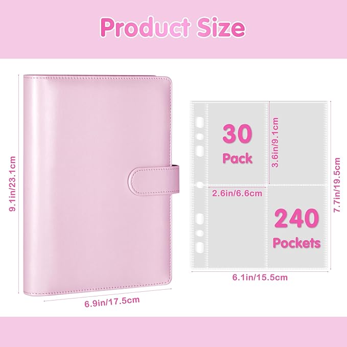 A5 Kpop Photocard Binder with 30 Pack 4-Pocket Card Pages, 6 Ring A5 Binder Card Collector Album with 240 Card Slots,PU Leather Binder Cover with Magnetic Buckle Closure for Organizing Trading Card