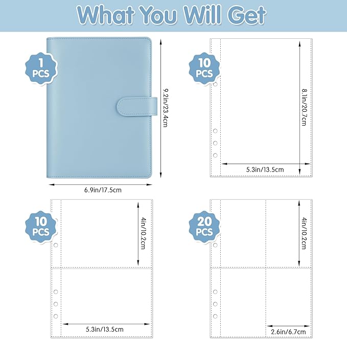 Antner A5 Kpop Photocard Binder 6-Ring Card Collector Album with 40 Pack Card Sleeves, PU Leather Photocard Holder Book with Multi-Size Photo Protectors for Organizing Trading Cards, Airy Blue