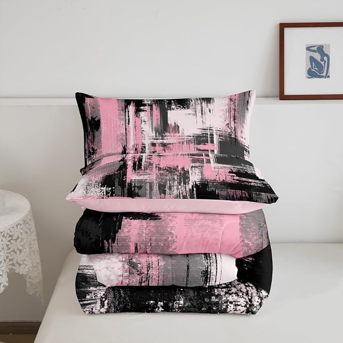 Feelyou Pink Black Abstract Duvet Quilt Queen Size Geometric Bedding Set for Kids Boys Girls Decor Modern Comforter Set Breathable Soft Lightweight Microfiber Buffalo Check Bedroom Decor Bedclothes