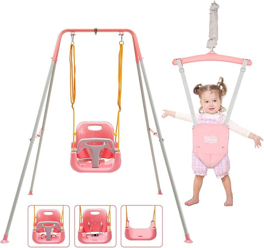 FUNLIO 2 in 1 Swing Set for Toddler & Baby Jumper, Heavy Duty Kids Swing & Bouncer with 4 Sandbags, Foldable Metal Stand for Indoor/Outdoor Play, Easy to Assemble and Store - Pink
