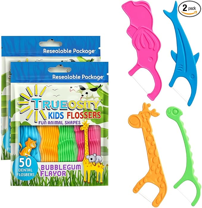 Kids Flossers 2 Pack (100 Total), Kids Floss Picks, Flossers Children, Floss Children, Animal Shapes, Glides Easy Between Teeth, Flosser Helps Prevent Tooth Decay & Gum Disease, Bubble Gum Flavored