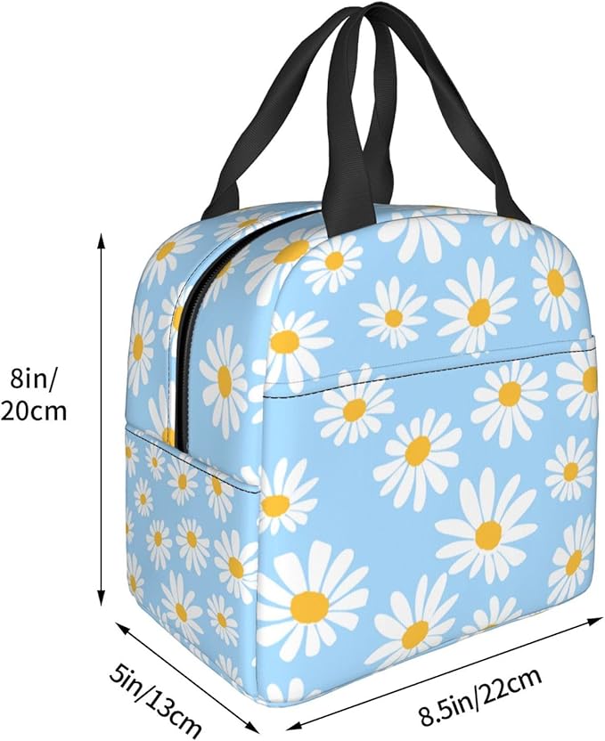 Pretty Floral Daisy Light Blue Lunch Bag Insulated Lunch Box Reusable Lunchbox Waterproof Portable Lunch Tote For Women Girls