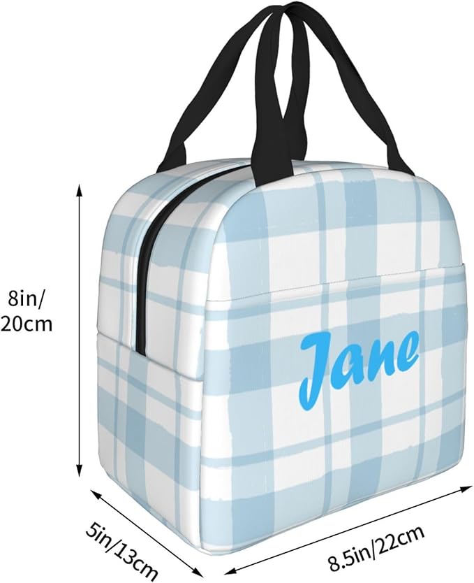 Custom Lunch Bag Plaid Blue Check Personalized Insulated Lunch Box with Name Reusable Cooler Tote for Adults Student Girl Boy Work Office School Picnic Over 3 Years Old
