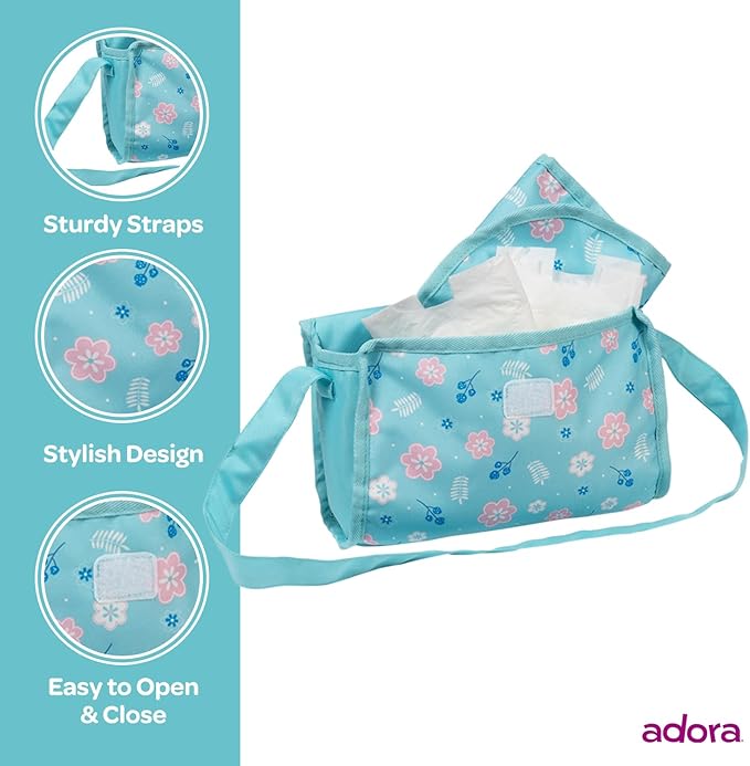 ADORA Baby Doll Diaper Bag with Sturdy Straps, Includes Changing Mat and 2 Doll Diapers (Fits 13" Dolls), Birthday Gift for Ages 3+ - Blue Flower Power