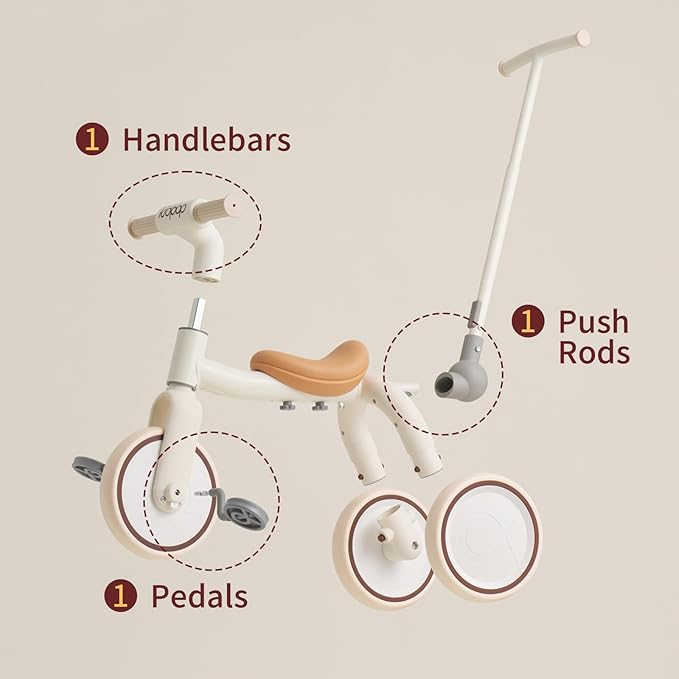 4-in-1 Toddler Tricycle with Adjustable Push Handle for 1-4 Year Old,Birthday Gift and Toy for Boys and Girls Removable Pedals Balance Bike&Scooter (Beige)