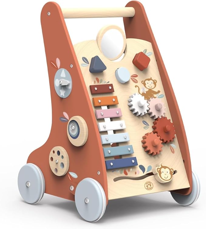 SPEEDY MONKEY Multi-Activity Wooden Baby Walker | 9-in-1 Toddler Toy Includes Shape Sorter, Bead Maze, Xylophone, Blocks & More | Learning Toy for Fine Motor Skill, Early Development & Balance
