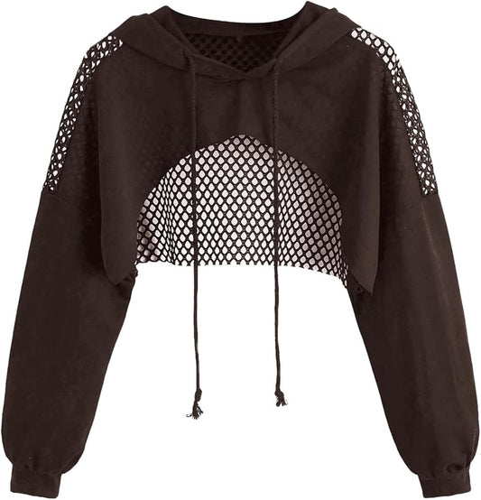 SweatyRocks Women's Casual Solid Cut Out Front Long Sleeve Pullover Crop Top Sweatshirt