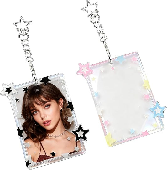 2 Pieces Star Kpop Photocard Holder Keychain, 3 Inch Acrylic Cute Photo Card Holder with Star Pendant for Idol Card & Photo Album Display Photocard Keychain Kpop