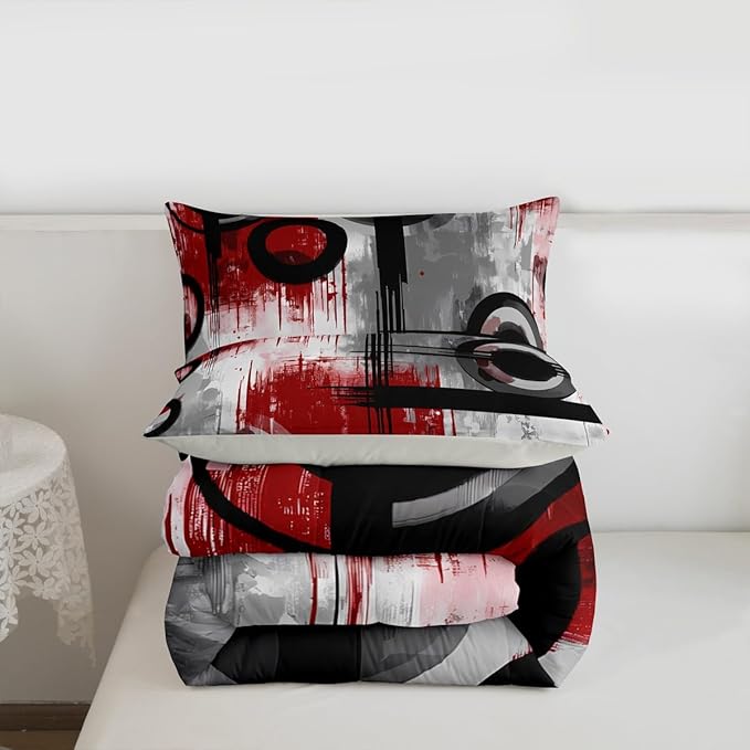 Feelyou Kids Abstract Comforter Set Twin Size Modern Art Bedding Set for Boys Girls Teens Bedroom Decor Geometric Comforter Women Men Geometric Red Black Duvet Set with 1 Pillow Case